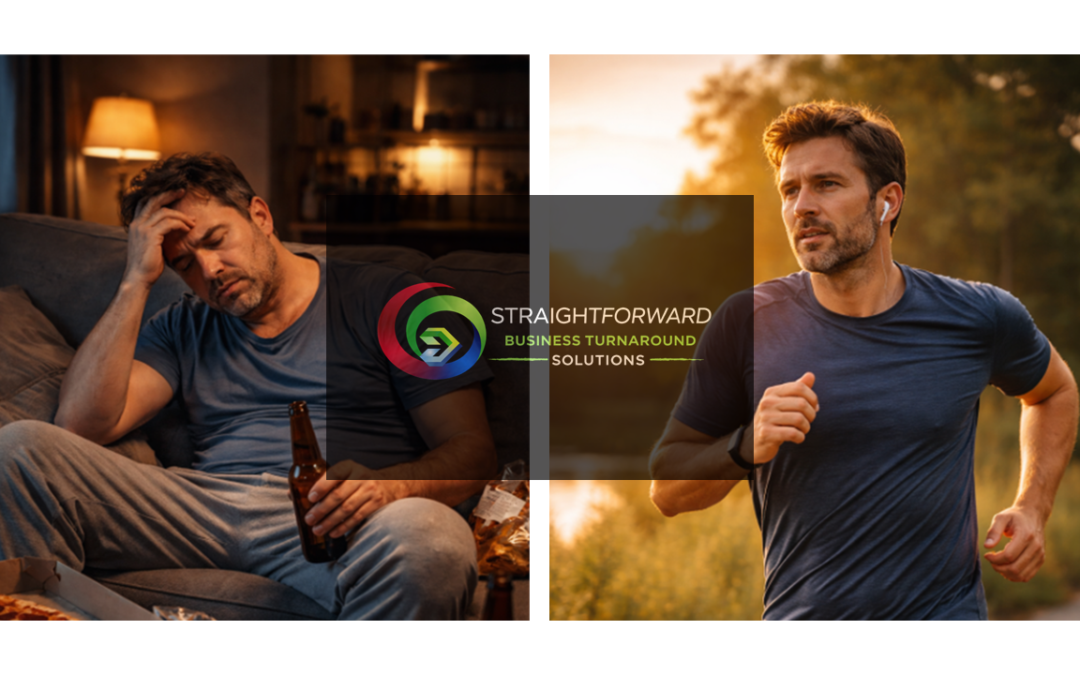 Exhausted man sitting on couch surrounded by junk food, alcohol, and cigarettes, representing unhealthy habits and burnout