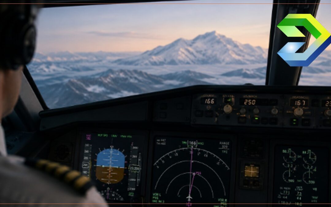 Cockpit navigation view showing an aircraft slightly off course near mountainous terrain, representing financial drift and small business misalignments over time.
